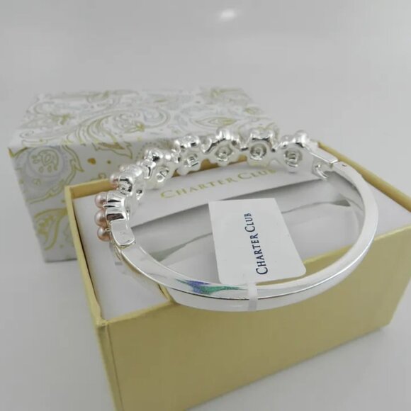 CHARTER CLUB Silver-Tone Crystal & Imitation Pearl Flower Bangle Bracelet - Picture 3 of 4
